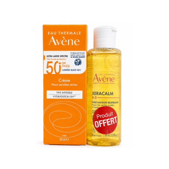 Avène Crème SPF50+ Peaux Sensibles Sèches 50 ml + XeraCalm Huile Lavante 100 ml Offerte