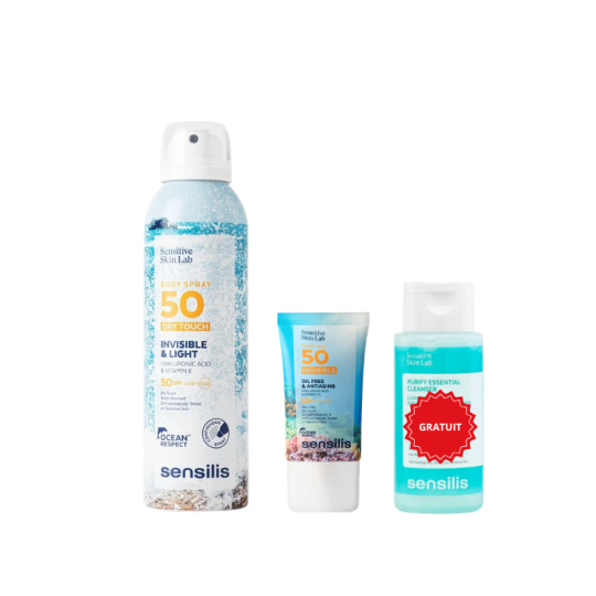 Pack Sensilis Matt Gel SPF50+ Invisible + Body Spray Dry Touch SPF50 + Gel Nettoyant Offert