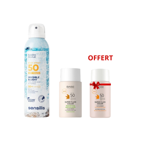 Pack Sensilis Body Spray SPF50 & BABÉ Super Fluid Color Matifiant SPF50 + BABÉ Super Fluid Teinté SPF50 Offert | Paraland