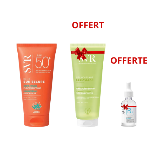 SVR Sun Secure Blur SPF50+ Sans Parfum + Ampoule B3 Hydra 10 ml Offerte + Sebiaclear Gel Moussant 55 ml Offert | Paraland