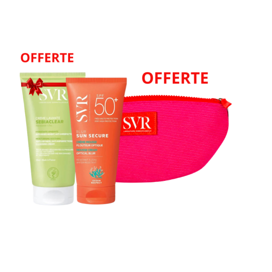 Pack SVR Sun Secure Blur SPF50+ Sans Parfum + Sebiaclear Crème Lavante 55 ml Offerte + Trousse Rose SVR Offerte | Paraland