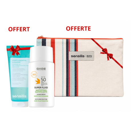 Pack BABÉ Super Fluid Matifiant SPF50+ + Sensilis Purify Essential Cleanser 55 ml Offert + Trousse Offerte | Paraland