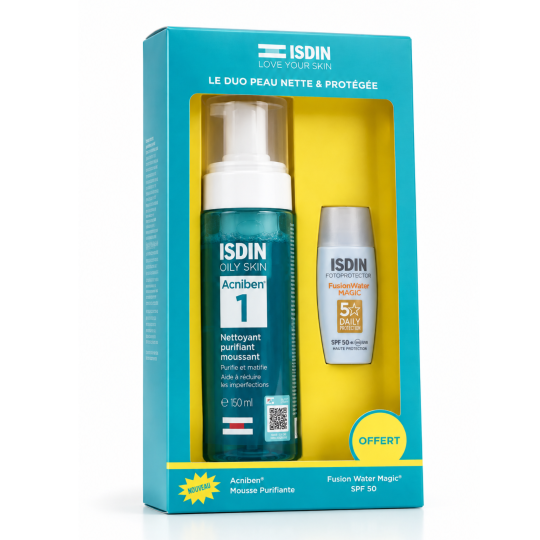 Coffret ISDIN Duo Peau Nette & Protégée - Acniben Mousse Purifiante 150ml + Fusion Water Magic SPF50 10ml offert
