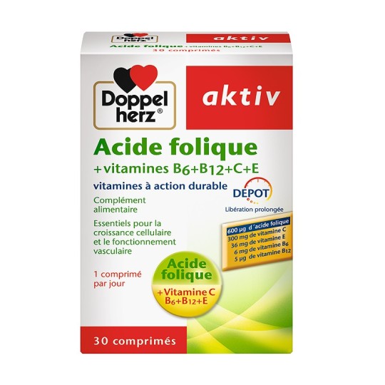 DOPPELHERZ AKTIV Acide folique + Vitamines B6 + B12 + C + E, 30 comprimés