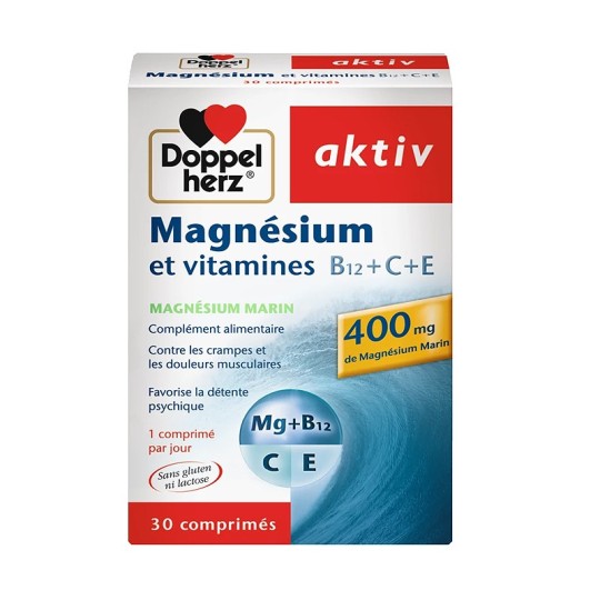 DOPPELHERZ AKTIV Magnésium et Vitamines B12+C+E, 30 comprimés
