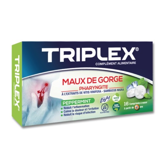 TRIPLEX maux de gorge peppermint, 16 Comprimés