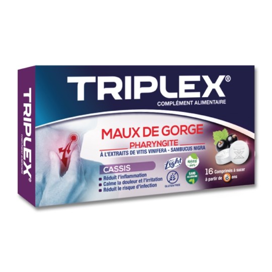 TRIPLEX maux de gorge cassis, 16 Comprimés