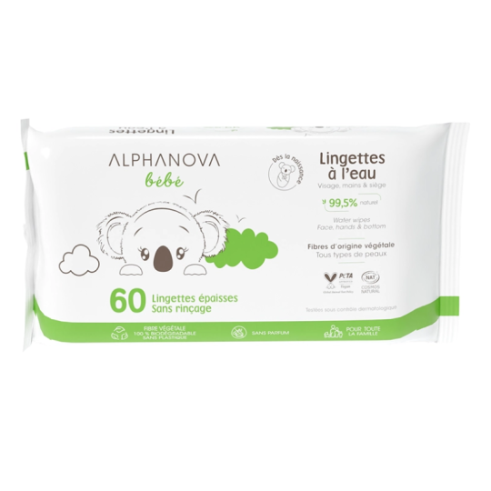 ALPHANOVA Bébé Lingettes Nettoyantes à l’Eau Sans Parfum 60 lingettes Paraland